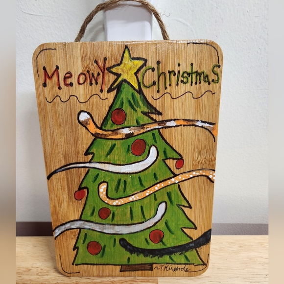 Hand Painted Meowy Christmas Sign Cat on Bamboo Wall Art Merry Christmas 6 X 9 - Picture 2 of 8